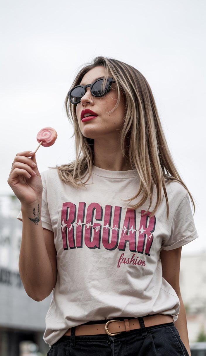 Woman with a lollypop wearing a pink/grey t-shirt with a design print Riguar Fashion on the front