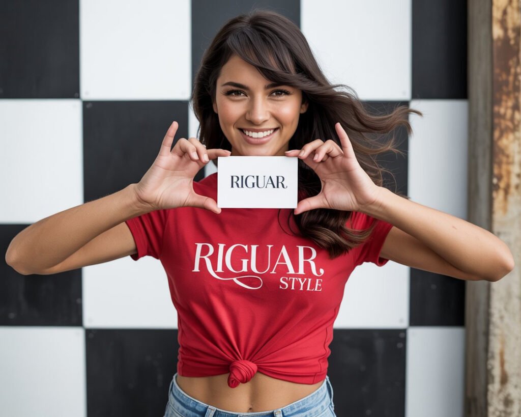 Women in red t-shirt saying Riguar style and holding a card saying Riguar