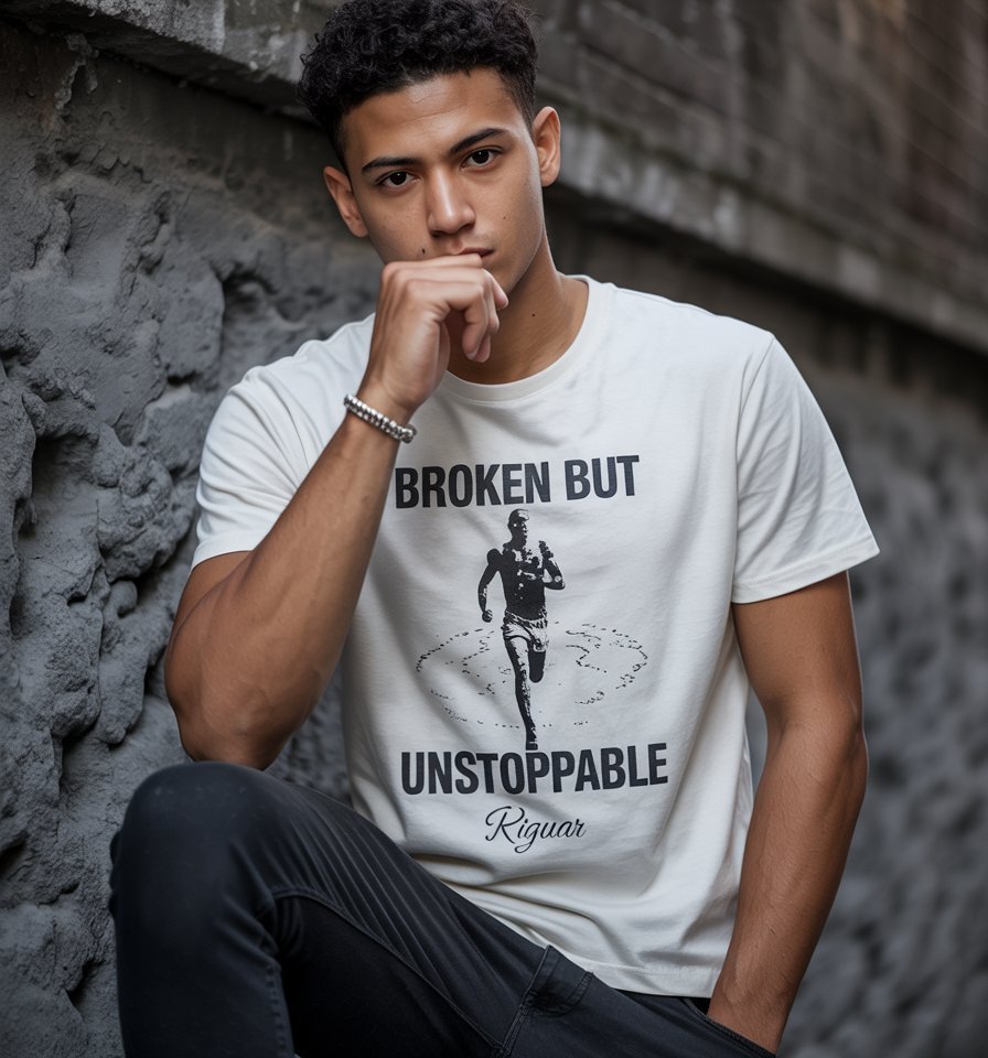 Man wearing white t-shirt that says Broken but unstoppable
